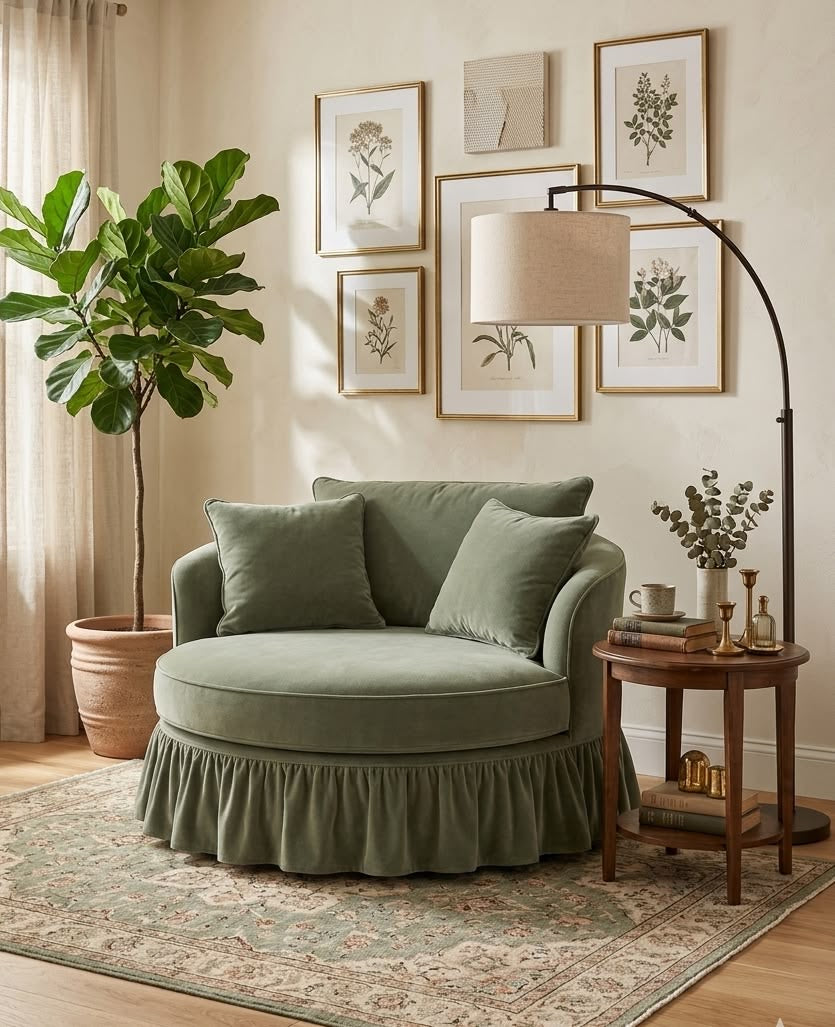 كرسي ذراع دائري واسع (Round Lounge Chair) مخمل باللون الأخضر الزيتي، بتصميم ريفي فاخر مع تنورة مكشكشة ووسائد مريحة - أثاث مودرن لغرف المعيشة والنوم